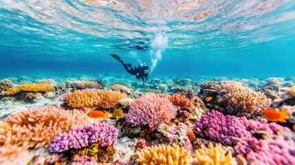 Vibrant Coral Reef Underwater Scene with Scuba Diver Swimming Above