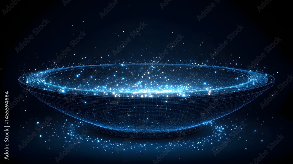 Poster futuristic bowl glows, filled with bright particles against dark blue. cosmic tech with ethereal lig