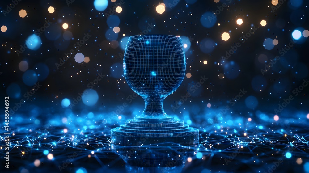 Aufkleber Futuristic trophy shimmering in the digital age, a symbol of achievement and innovation. Celebratory bokeh lights add ethereal quality. Abstract Digital low-poly wireframe connected dots in dark blue.