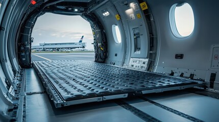 Interior of Cargo Plane with Open Door and Loading Platform Visible