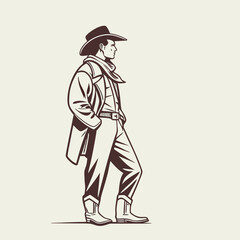 Obraz premium A Lone Figure's Stance: A detailed monochrome depiction of a cowboy. he is posing confidently in a photorealistic illustration of the old west.