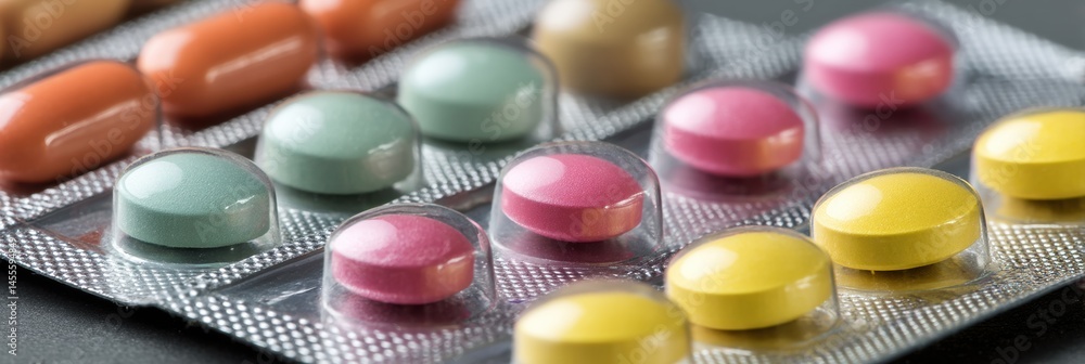 Poster close-up view of a colorful minimal blister pack featuring vibrant pills arranged in an organized fa