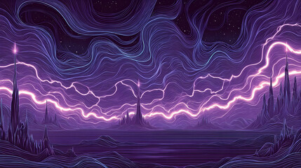 landscape with floating towers amid dynamic abstract energy flows