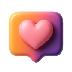 A smooth 3D rendered pink heart sits on a vibrant gradient message bubble shape, symbolizing digital love and social media reactions.