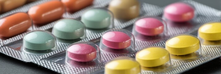 Close-up View of a Colorful Minimal Blister Pack Featuring Vibrant Pills Arranged in an Organized Fashion Generative AI