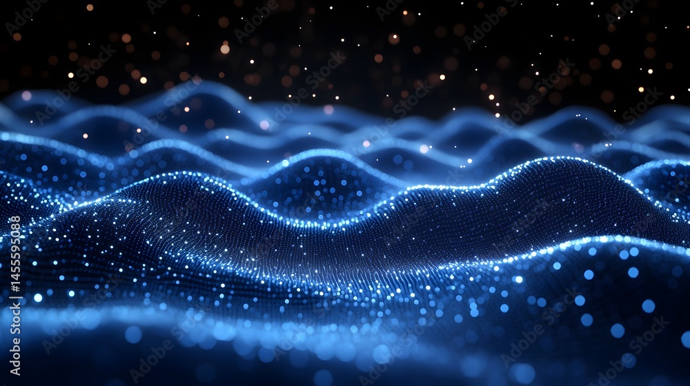 Poster mesmerizing abstract landscape featuring a digital ocean of glowing blue orbs contrasted by distant 