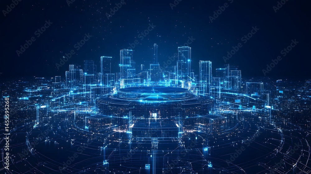 Poster futuristic cityscape glows with digital lines and platforms. connected by intricate networks under a