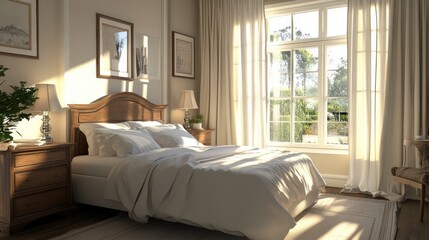 Fototapeta premium Neutral-tone bedroom with a made bed, soft pillows, wooden nightstand, and morning sun filtering through curtains 
