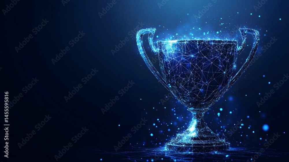Poster Futuristic trophy design on dark blue backdrop. Glowing network of lines and points symbolizes achievement. Abstract Digital low-poly wireframe connected dots in dark blue.