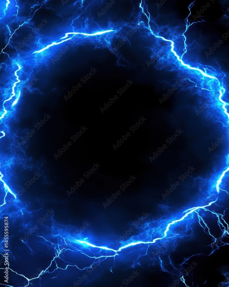 Poster electric blue lightning circle frame on black background with space for text or image