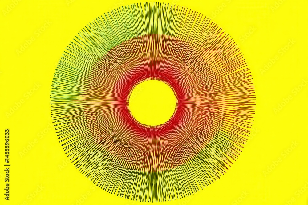 Poster abstract circular design with radiating lines in green red and yellow colors on bright background