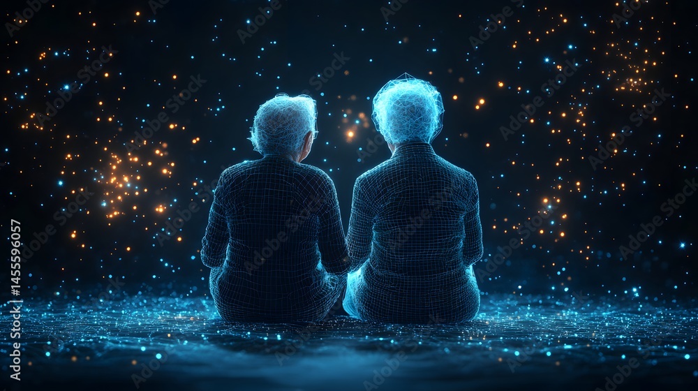 Leinwandbilder ethereal senior figures in a digital world, connected by glowing blue networks. a futuristic scene e
