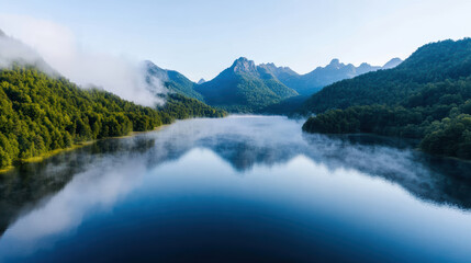 Calm lake with fog drifting across surface, surrounded by mountains and lush greenery
