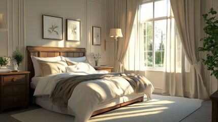 Neutral-tone bedroom with a made bed, soft pillows, wooden nightstand, and morning sun filtering through curtains 