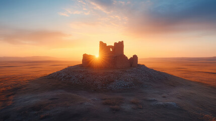 Obraz premium Sunset over castle ruins creates romantic atmosphere with long shadows
