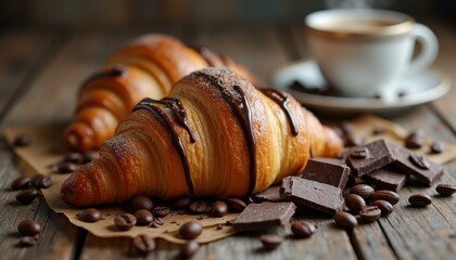 Delicious Morning: Croissants with Chocolate, Coffee Beans, and a Cup of Coffee on a Rustic Wooden Table