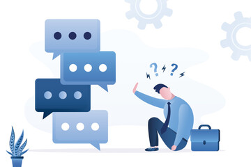 Frightened businessman refuses to talk. Fear of negotiations, psychological pressure, burnout. Misunderstanding, business conflict. Stack of speech bubbles.