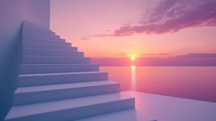 White stairs leading to sunset over sea