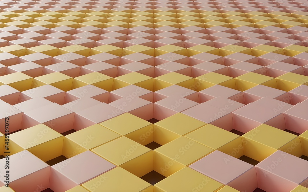 Poster a 3d render of a seamless checkerboard pattern with alternating sunny yellow and soft rose pink squa