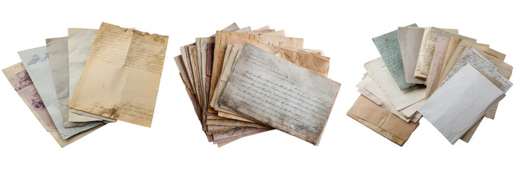 A diverse assortment of old, yellowed papers, featuring handwritten notes and varied textures, ideal for historical research or artistic projects