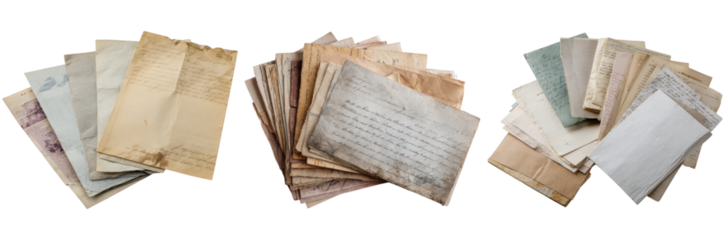A diverse assortment of old, yellowed papers, featuring handwritten notes and varied textures, ideal for historical research or artistic projects