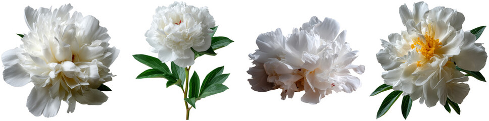 Delicate white peonies in various stages of bloom with vibrant green leaves are presented isolated on a transparent background, ideal for art and design projects