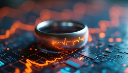 Futuristic Smart Ring on Circuit Board with Glowing Heartbeat Line, Technology Concept