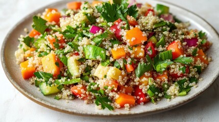 Colorful quinoa salad with vegetables and herbs on white marbled background