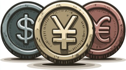 Currency Symbols on Coins Dollar Yen Euro Representing Global Finance and Economics