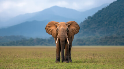 Obraz premium Majestic elephant standing in vast field with mountains in background, showcasing nature beauty