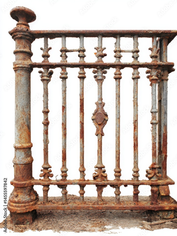 Poster old and rusty metal railing section with decorative elements isolated on white background