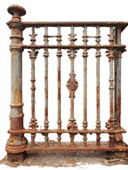 Fototapeta premium Old and Rusty Metal Railing Section with Decorative Elements Isolated on White Background