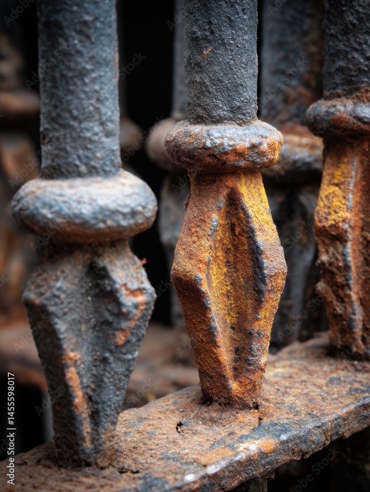 Poster intricate wrought iron fence detail with rust and weathering showing texture and age close up