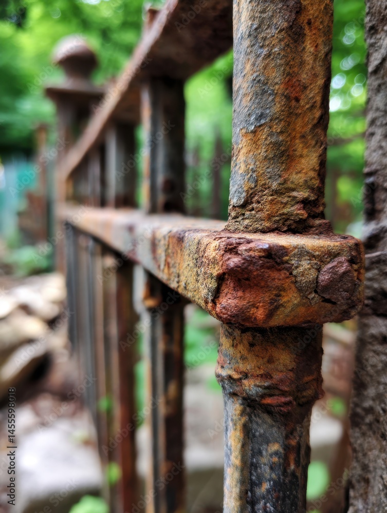 Poster weathered metal fence with rust and decay in a garden setting with green bokeh background
