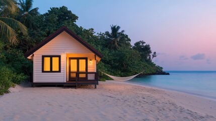 Tranquil Beach Cottage at Dusk Surrounded by Lush Tropical Nature