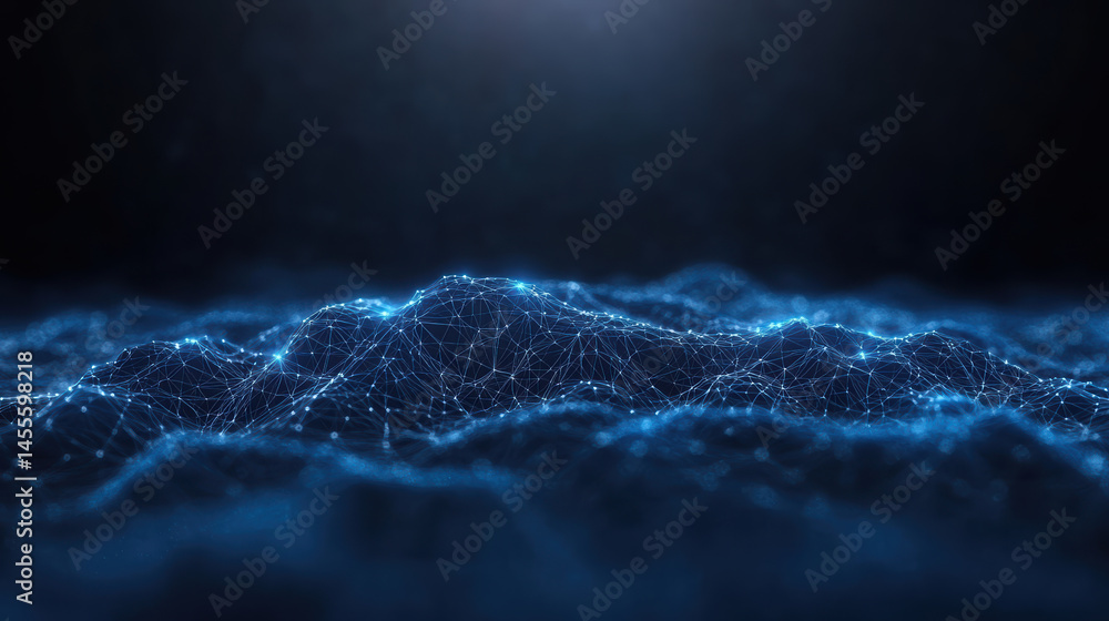 Poster digital landscape of interconnected nodes and lines, resembling network of mountains