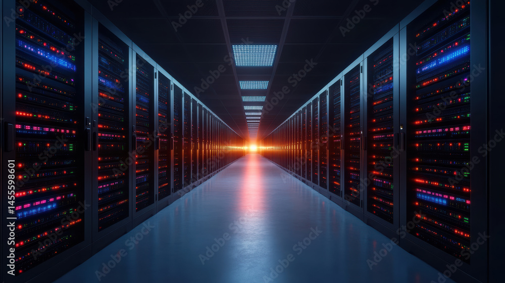 Poster futuristic server room glowing with vibrant lights and rows of servers, creating mesmerizing