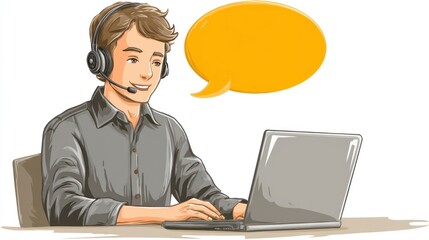 Customer Support Specialist Engaged in Online Communication with a Laptop and Headset