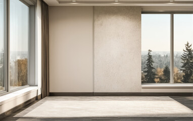 Modern empty room with large windows offering scenic views of a forested area