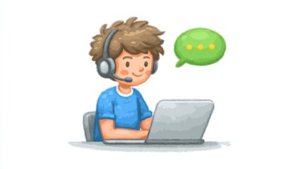 Customer Support Specialist Engaged in Online Chat with a Laptop and Headset