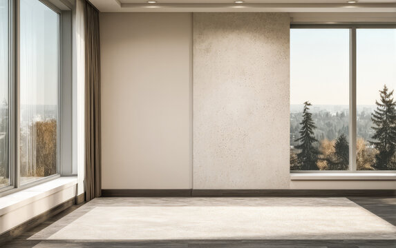 Modern empty room with large windows offering scenic views of a forested area