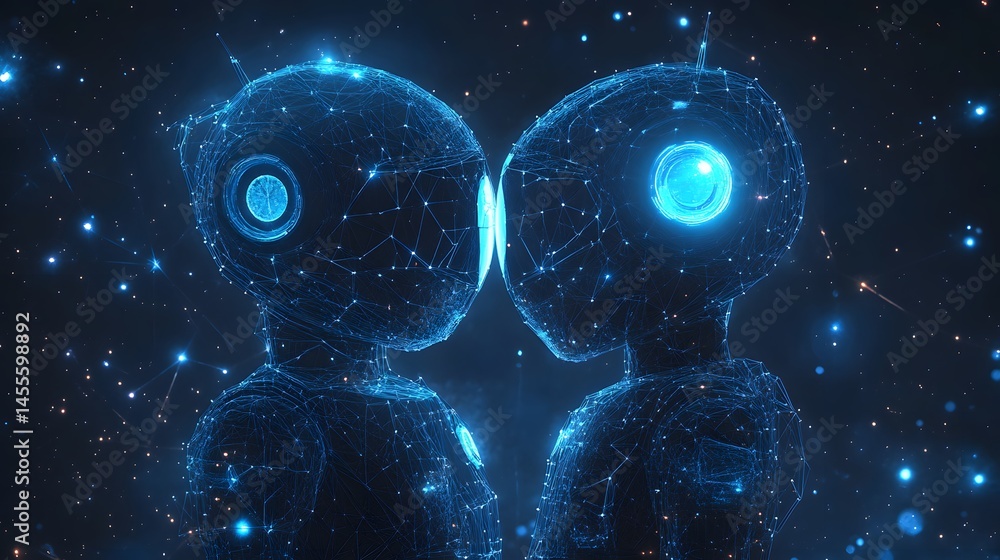 Poster futuristic figures connect in a starry expanse, a digital embrace amidst a cosmic dance. abstract di