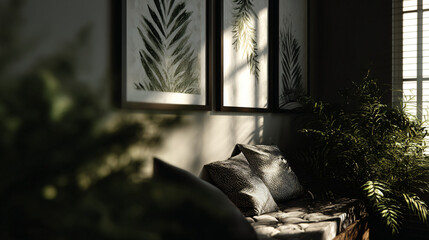 Cosy reading nook with framed leaf mark plants, and a neutral palette.