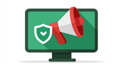 Cybersecurity Awareness with Megaphone and Shield on Computer Screen