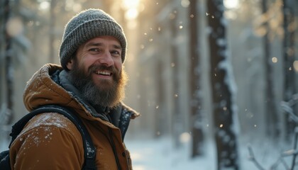 Fototapeta premium Man smiles in a winter forest with light snow falling, wearing a beanie and jacket