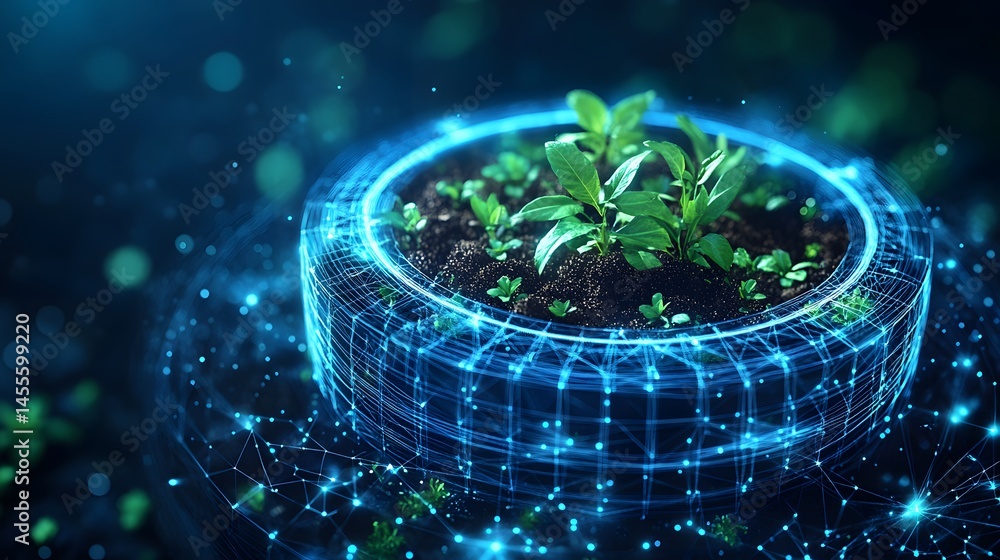 Aufkleber futuristic garden bed featuring vibrant green plants surrounded by a glowing blue digital network, c