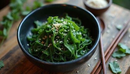 Wakame Seaweed Salad with Sesame Seeds in a Black Bowl on a Rustic Wooden Table