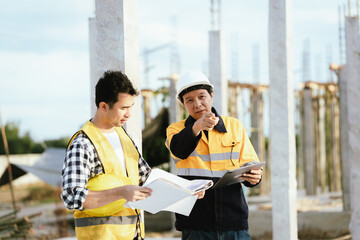 Engineers and contractors discussing blueprints on construction site—teamwork, safety, and...