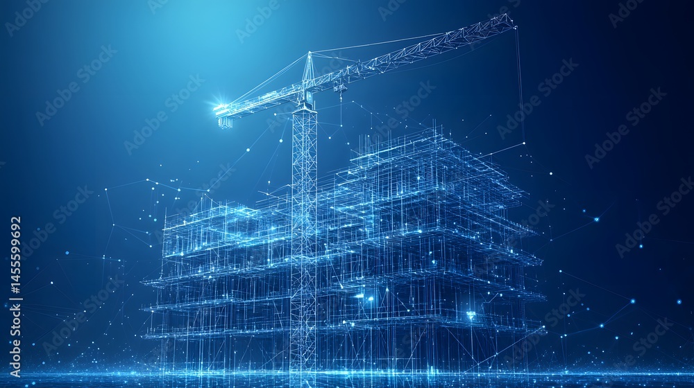 Poster futuristic construction site visualized in a neon-blue wireframe style. tall crane and building fram