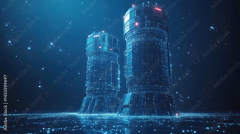 Poster futuristic towers glow with red lights, standing tall on a digital plane. wireframe design creates a